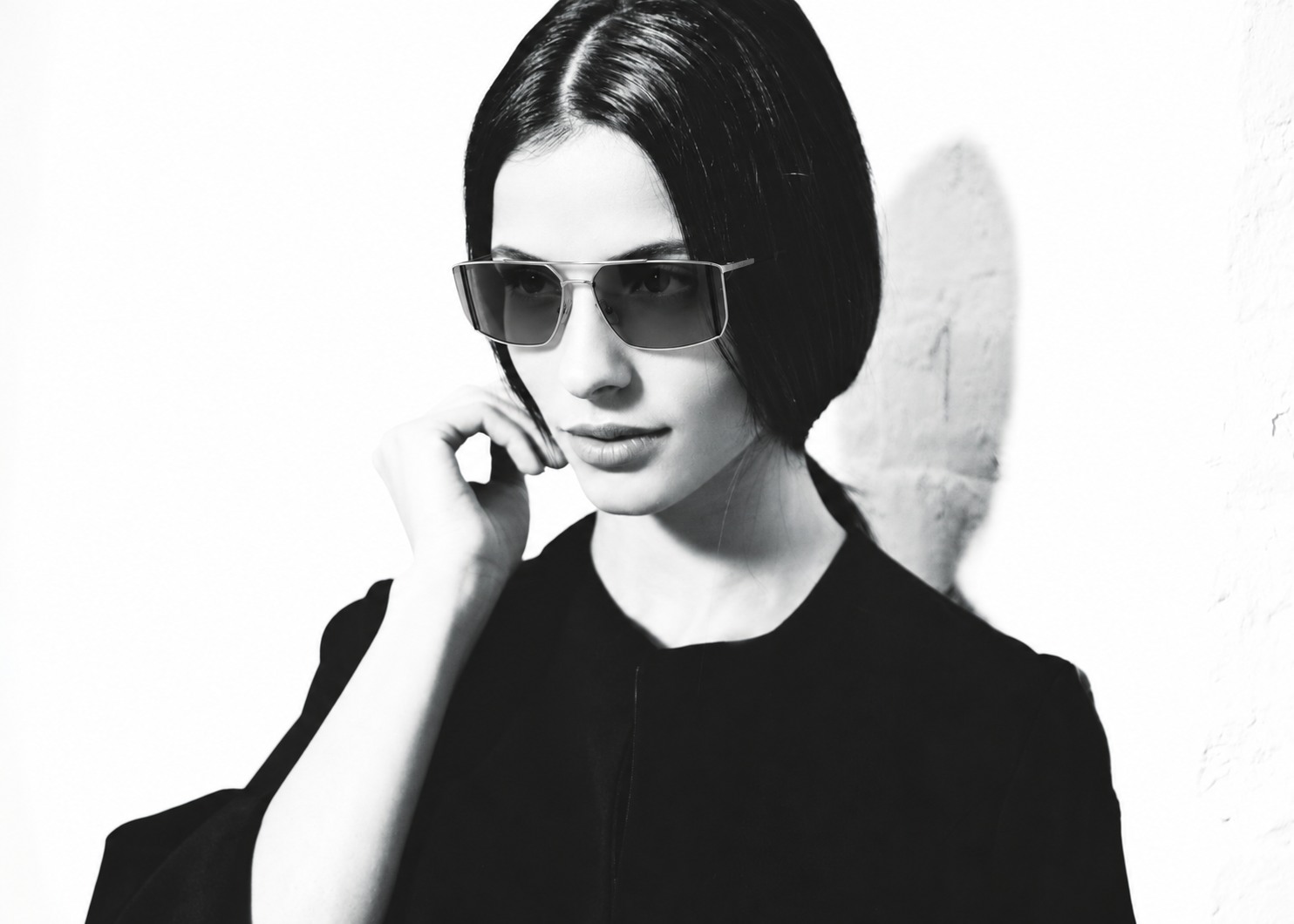 Katia wearing ALLWOOD KLOE silver sunglasses in a black-and-white editorial portrait